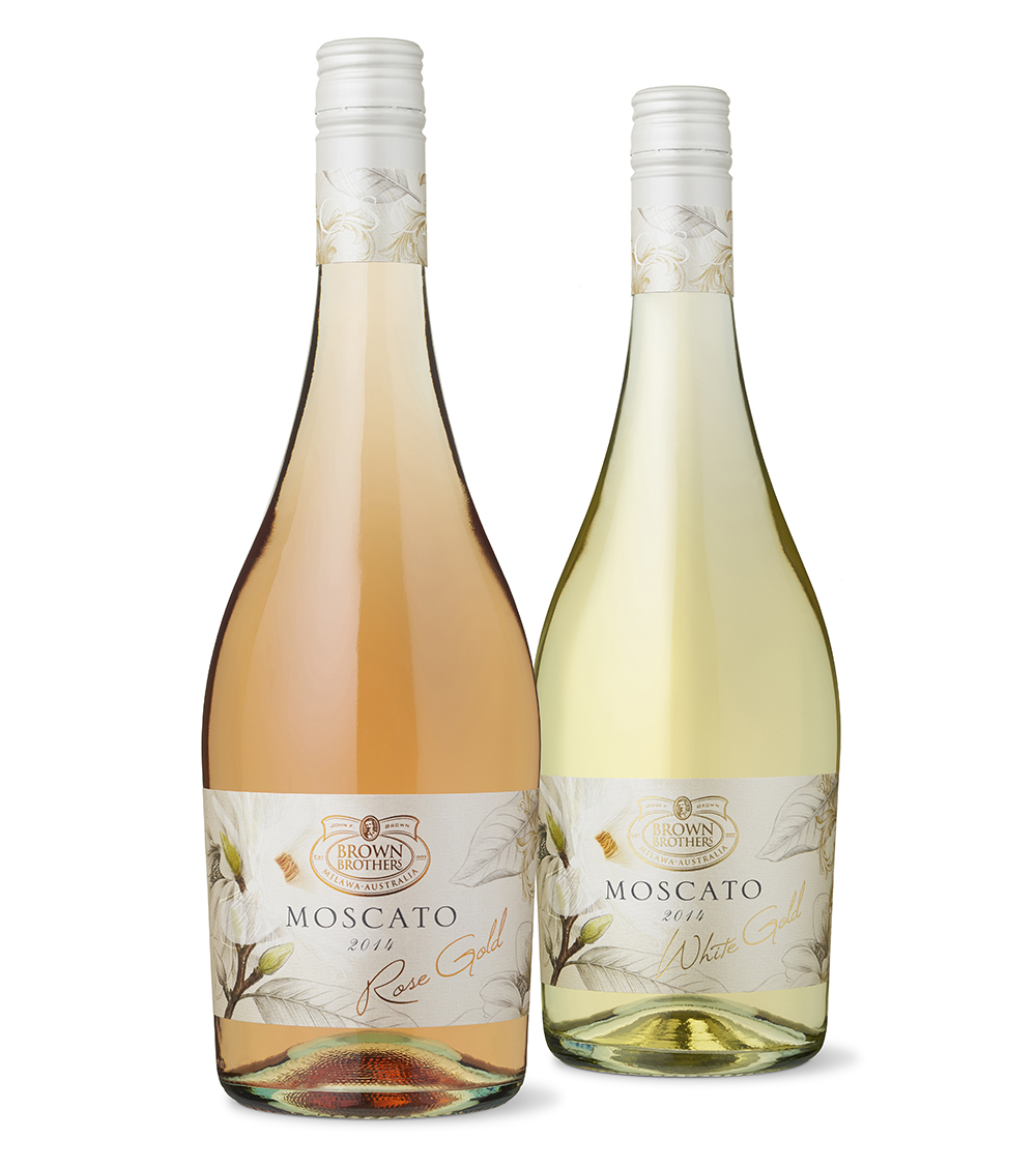 I worked with Katherine Brown from Brown Brothers to develop labels for the Moscato Gold range. The labels feature a combination of photography and illustration of magnolia flowers printed on textured pearlescent stock with a combination of finishes. Light, decorative and pretty it is designed to appeal to a female target market.