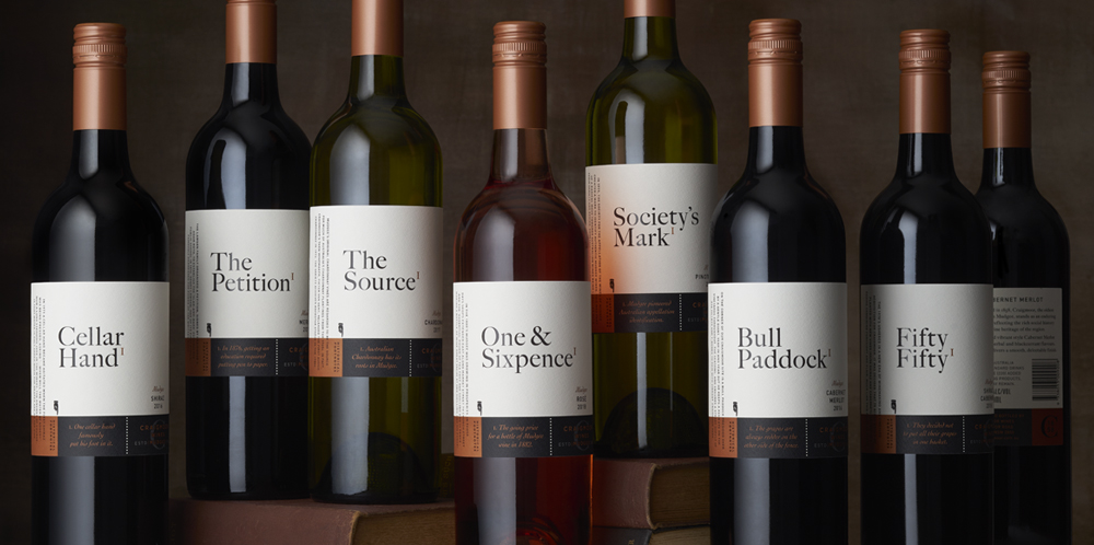 Branding on the wines is deliberately subdued to place greater emphasis on the stories.Various devices add to the historical tone of the design concept. The letter C references ‘circa’ as well as Craigmoor and is used in various ways across the packaging. The footnote superscript and pointing hand graphic add character and allude to the deeper story.