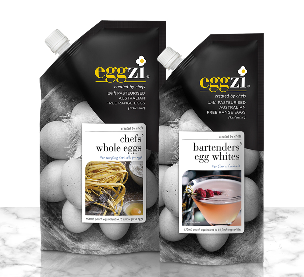 Designed by chefs for restaurants, bars and gourmet cooks, Eggzi pasteurised eggs are a new product concept supplying free range pasteurised eggs in a convenient pouch format. Branding for Eggzi includes a graphic egg in the shape of an chef’s hat as the dot on the i.